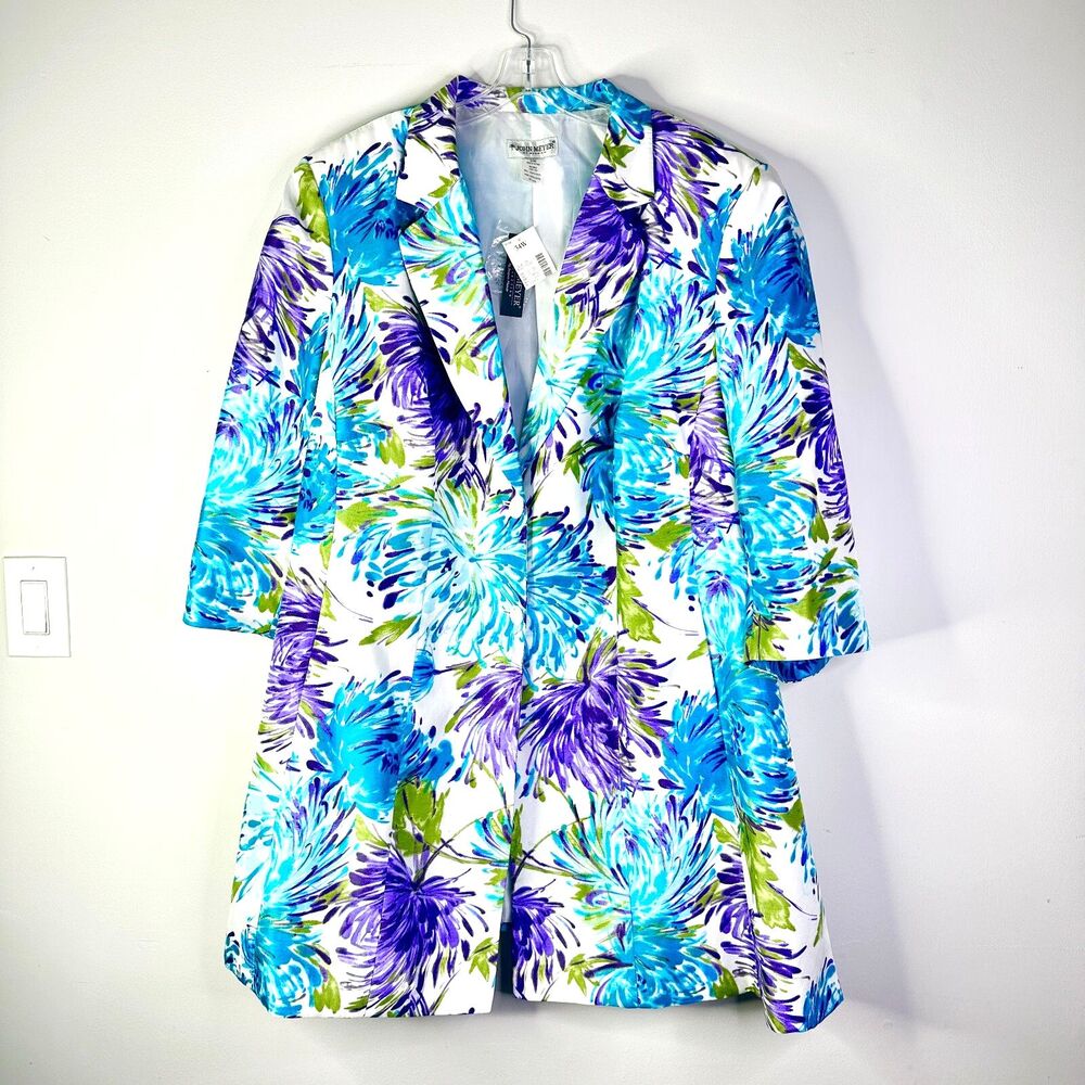 JOHN MEYER Coat Blazer Women 34W Plus Blue Purple Floral Bohemian Bloomcore NWT